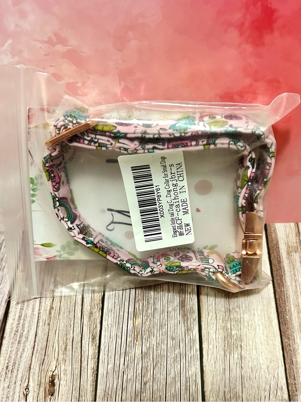 Pink Patterned Dog Collar with Rose Gold Buckle and Removable Flower